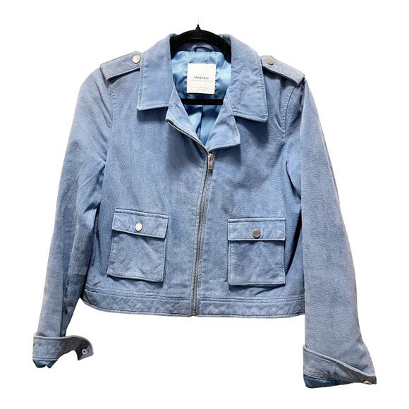 Mango Genuine Leather Jacket Moto Blue Zip-Up Collared Front Pockets Size Small - Picture 1 of 9